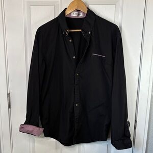 Elegant Black Button-Down Shirt for Men with Red and White Check Detail